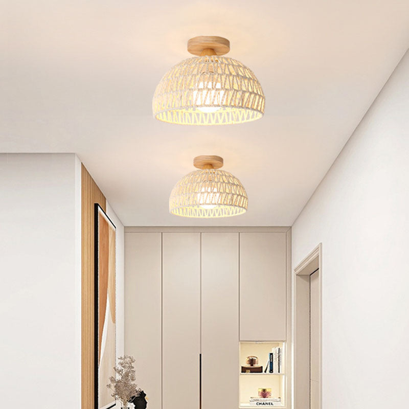 Traditional Japanese Half Round Solid Wood Rattan 1-light Semi-flush Mount Ceiling Light for Living Room