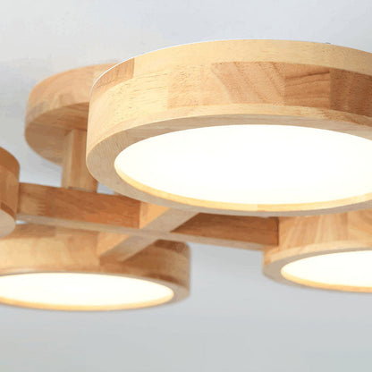 Contemporary Scandinavian Round Rubberwood LED Flush Mount Ceiling Light for Living Room