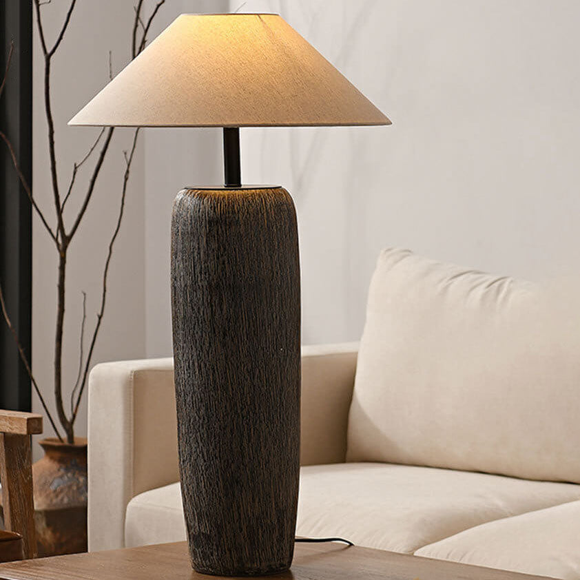 Japanese Wabi-sabi Fabric Shade Ceramic Column Base 1-Light Standing Floor Lamp Lumendat