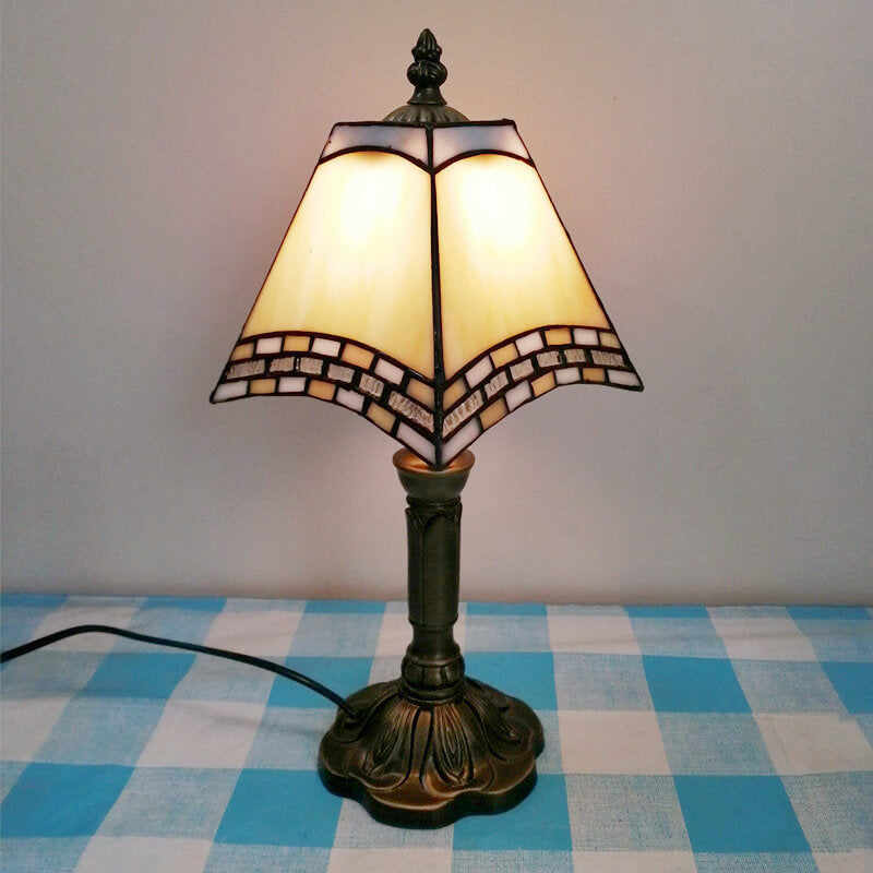 European Vintage Tiffany Square Stained Glass Iron 1-Light Table Lamp Lumendat