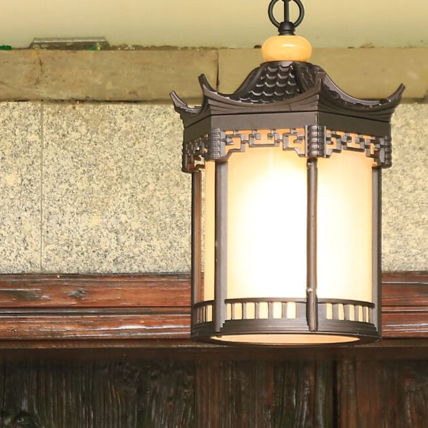 Retro Chinese Outdoor Waterproof Hexagonal Lantern 1-light Patio Pendant Light BulbSquare