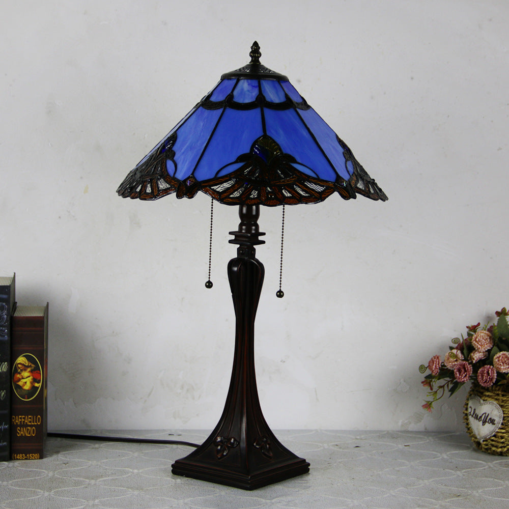 Tiffany Mediterranean Stained Glass Cone Pull Cord 2-Light Table Lamp Lumendat
