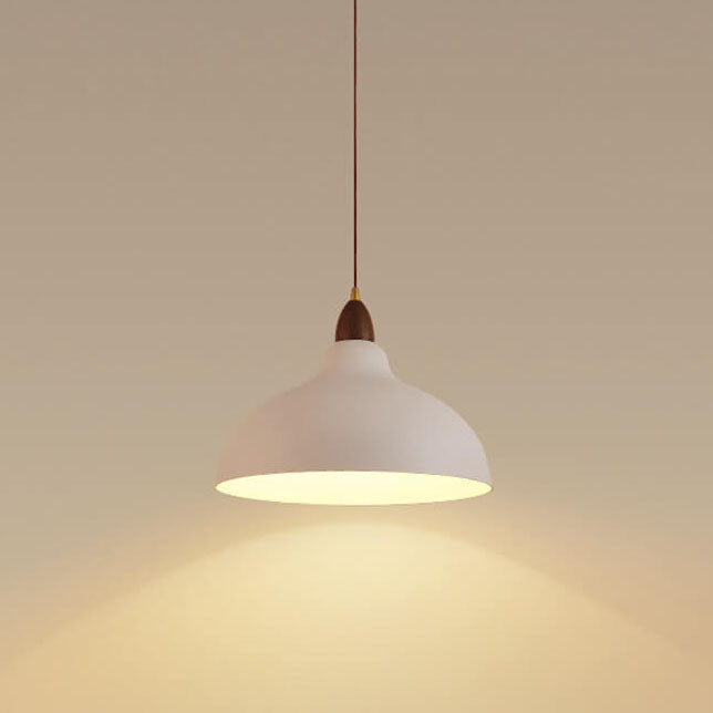 Japanese Simple Iron Dome Solid Wood Top 1-light Pendant Light BulbSquare