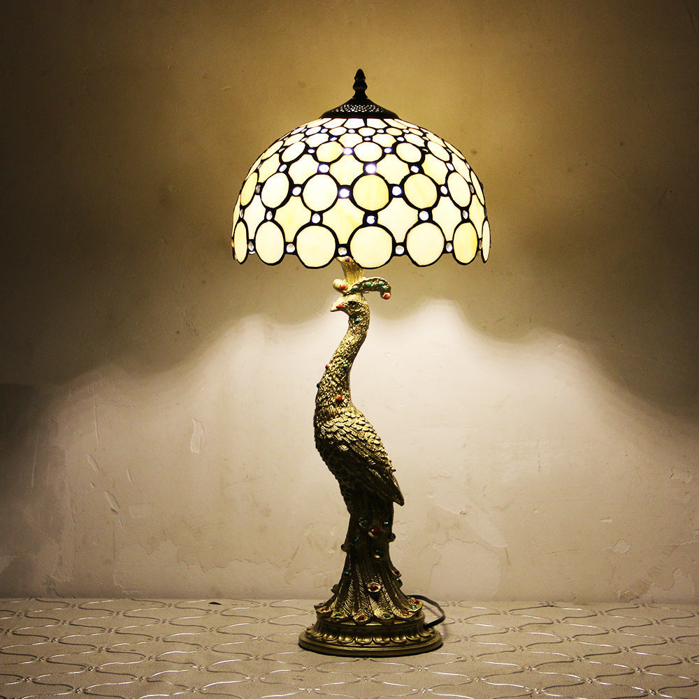 Vintage Tiffany Peacock Gem Dome Glass Resin 1-Light Table Lamp Lumendat