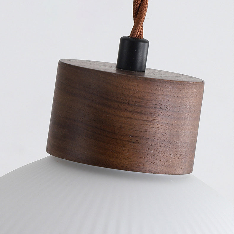 Traditional Japanese Walnut Glass Ball Round Bottle Ribbed 1-light Pendant Light for Dining Room