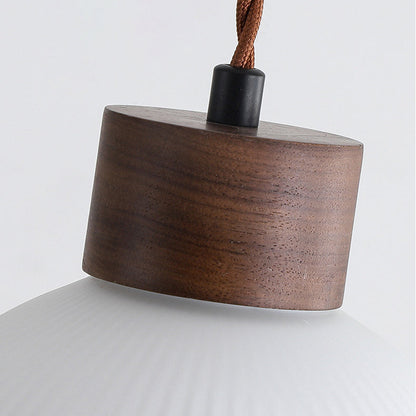 Traditional Japanese Walnut Glass Ball Round Bottle Ribbed 1-light Pendant Light for Dining Room