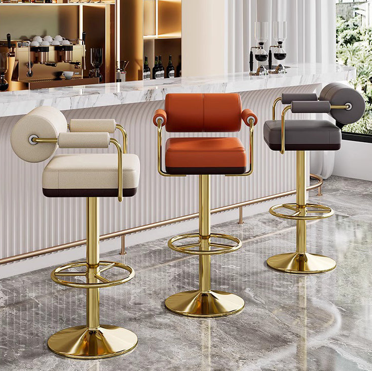 Contemporary Luxury Faux Leather Upholstered Height Adjustable Swivel Bar Stool Armrest Footrest For Dining Room DFM-F