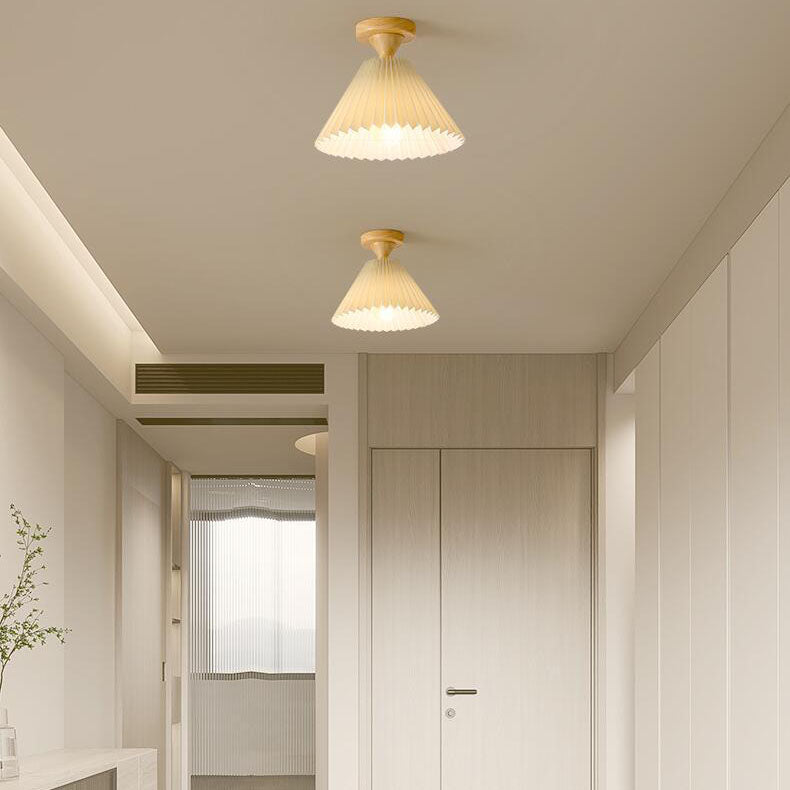 Japanese Simple Log Pleated Umbrella Cone 1-light Semi-flush Mount Ceiling Light