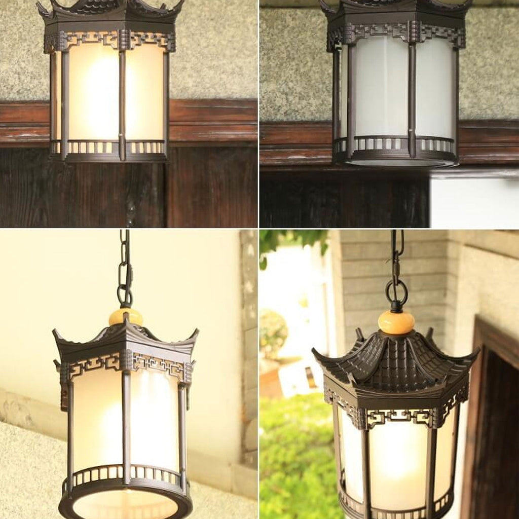 Retro Chinese Outdoor Waterproof Hexagonal Lantern 1-light Patio Pendant Light BulbSquare