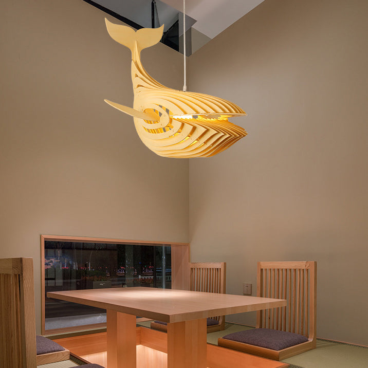 Traditional Chinese Whale Wood 1-light Pendant Light for Dining Room