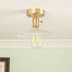 Traditional Vintage Round Ripple Brass Glass 1-light Semi-flush Mount Ceiling Light for Living Room BulbSquare