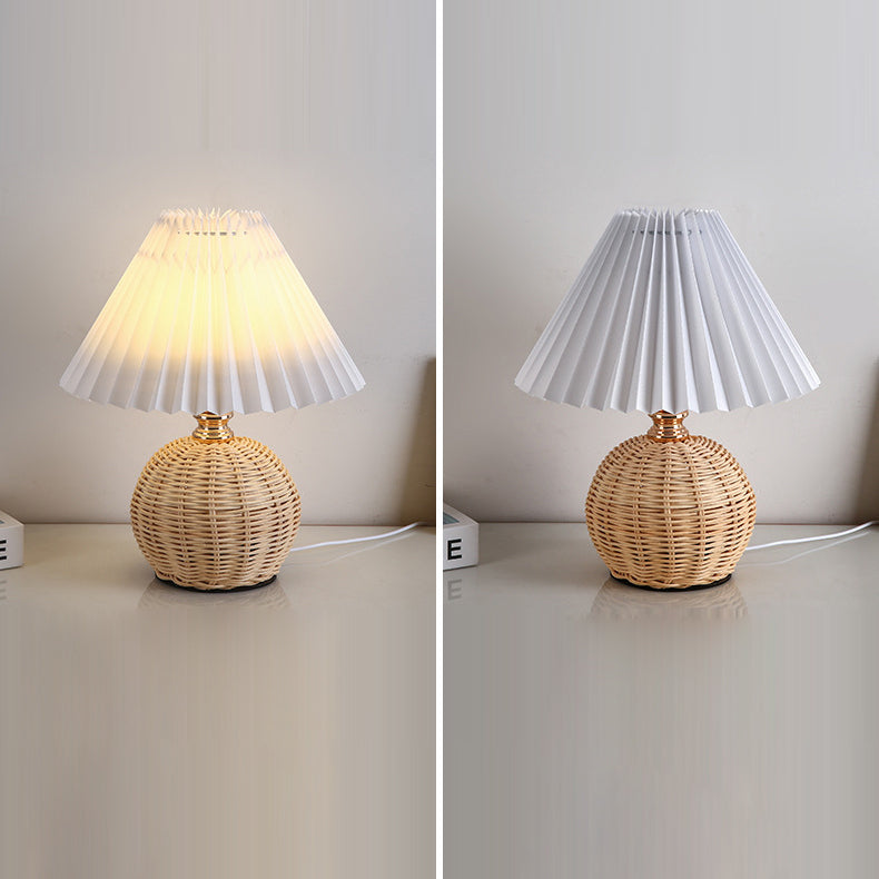 Contemporary Nordic Rattan Fabric Pleated Conic Ball LED Table Lamp For Bedroom Lumendat