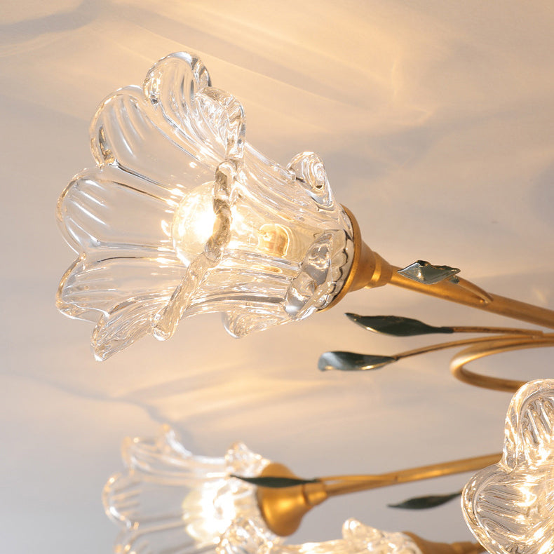 Traditional European Floral Iron Glass 6/8/10 Light Semi-flush Mount Ceiling Light for Bedroom