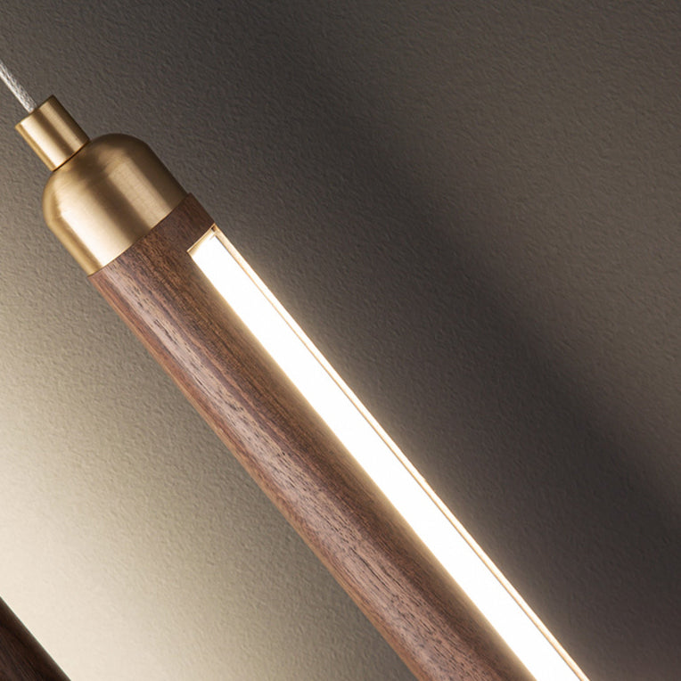 Modern Minimalist Linear Wood Copper Acrylic LED Pendant Light for Bedroom