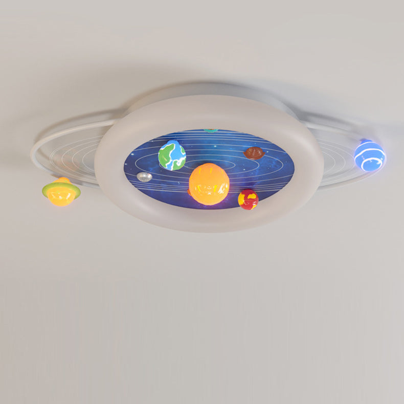 Modern Minimalist Children Round Planet Iron Resin Acrylic LED Flush Mount Ceiling Light for Bedroom
