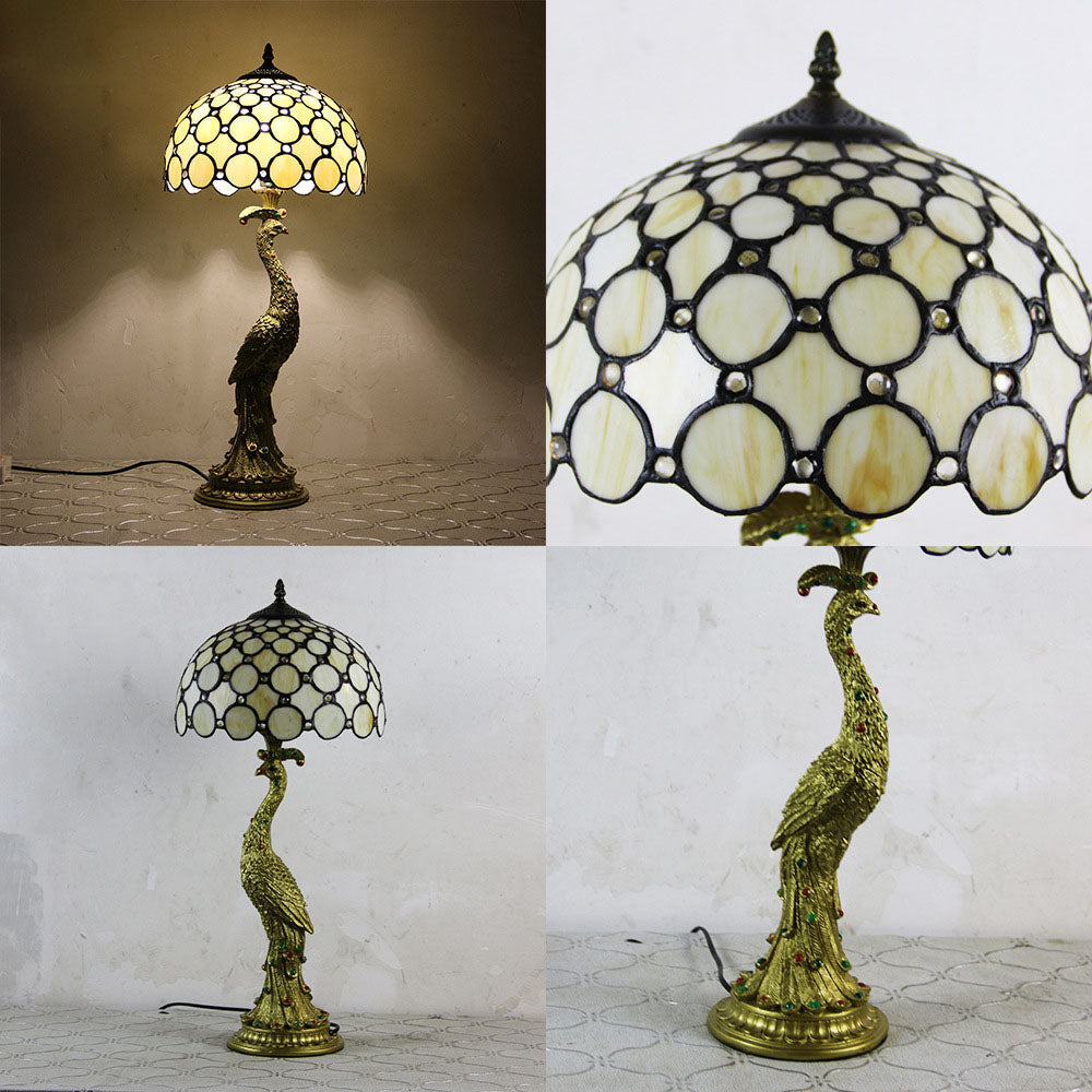 Vintage Tiffany Peacock Gem Dome Glass Resin 1-Light Table Lamp Lumendat