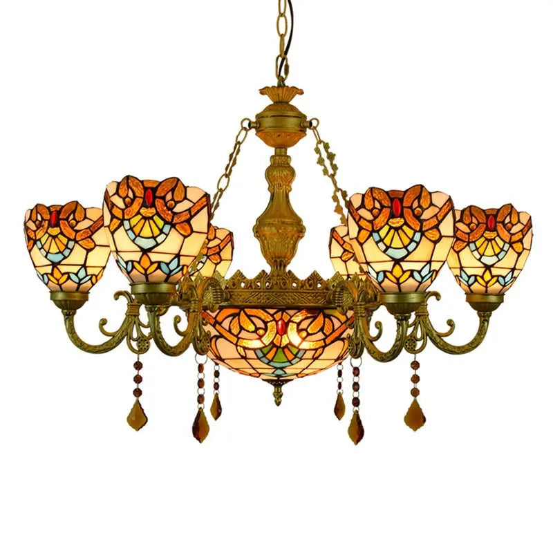 Traditional Tiffany Bead Dome Baroque Iron Glass Alloy 8/11 Light Chandeliers for Living Room BulbSquare