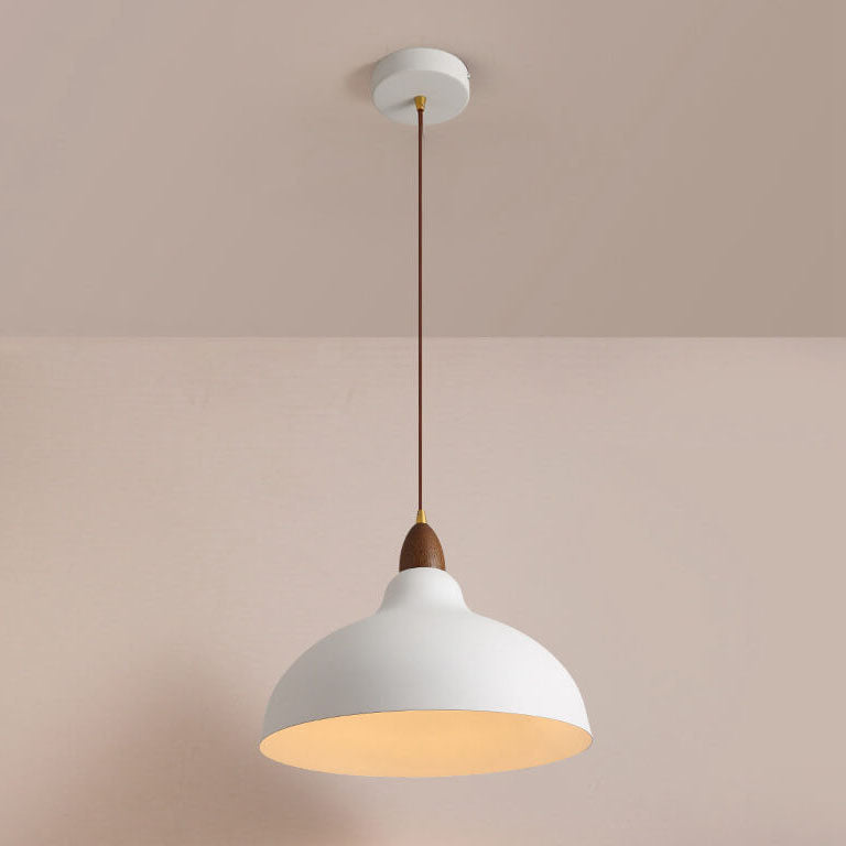 Japanese Simple Iron Dome Solid Wood Top 1-light Pendant Light BulbSquare