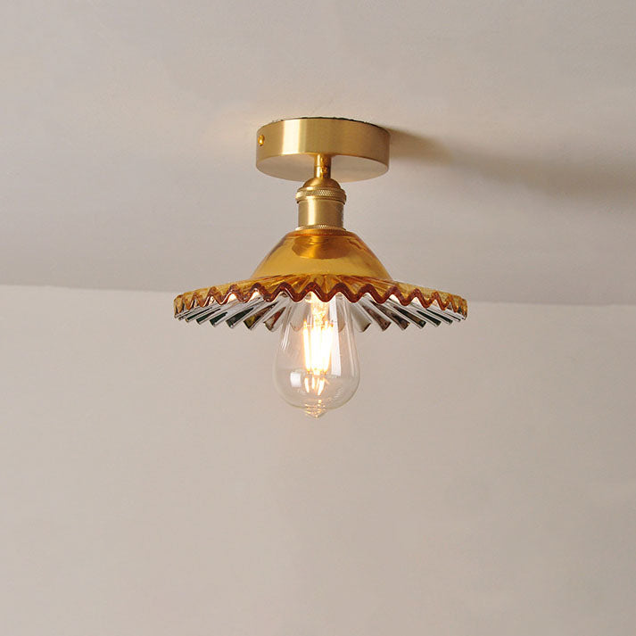 Japanese Vintage Glass Brass Lotus 1-Light Semi-Flush Mount Ceiling Light Lumendat