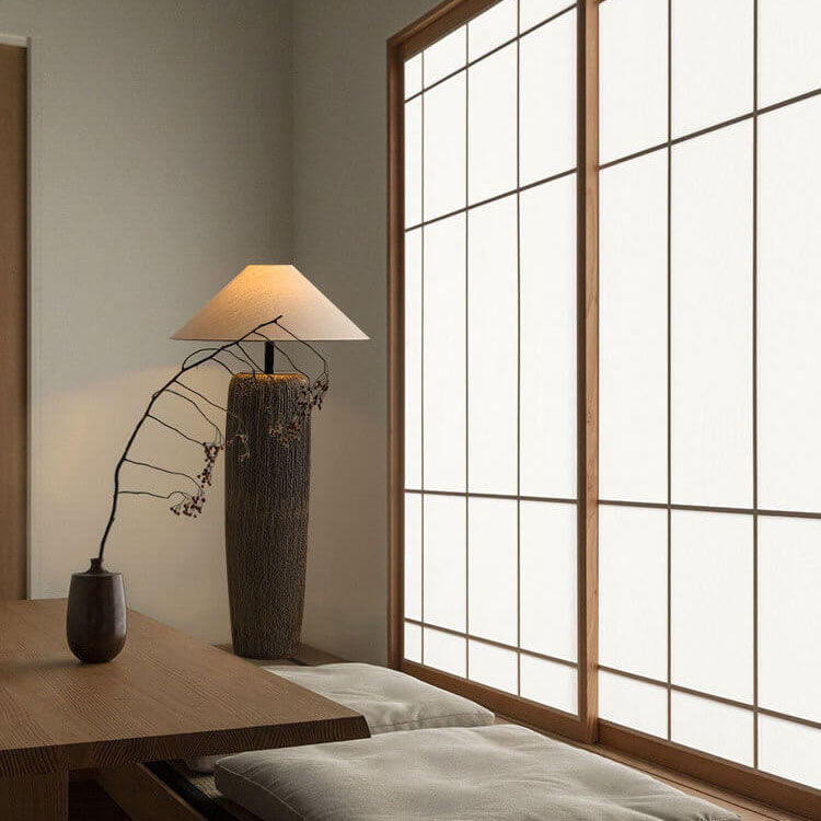 Japanese Wabi-sabi Fabric Shade Ceramic Column Base 1-Light Standing Floor Lamp Lumendat