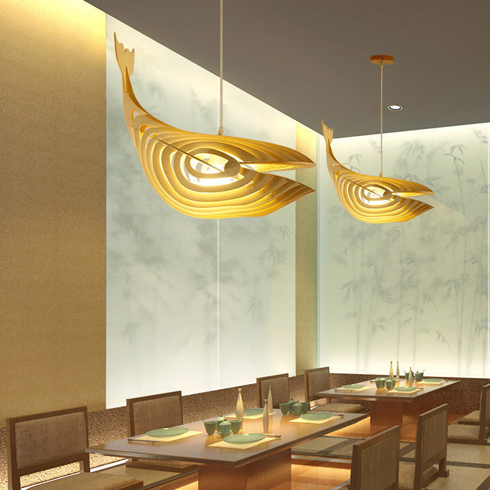 Traditional Chinese Whale Wood 1-light Pendant Light for Dining Room