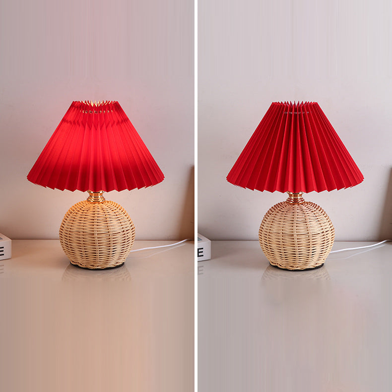 Contemporary Nordic Rattan Fabric Pleated Conic Ball LED Table Lamp For Bedroom Lumendat