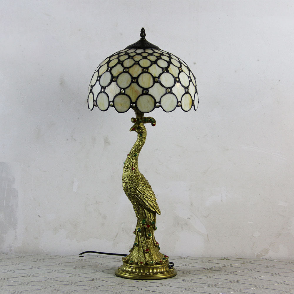 Vintage Tiffany Peacock Gem Dome Glass Resin 1-Light Table Lamp Lumendat