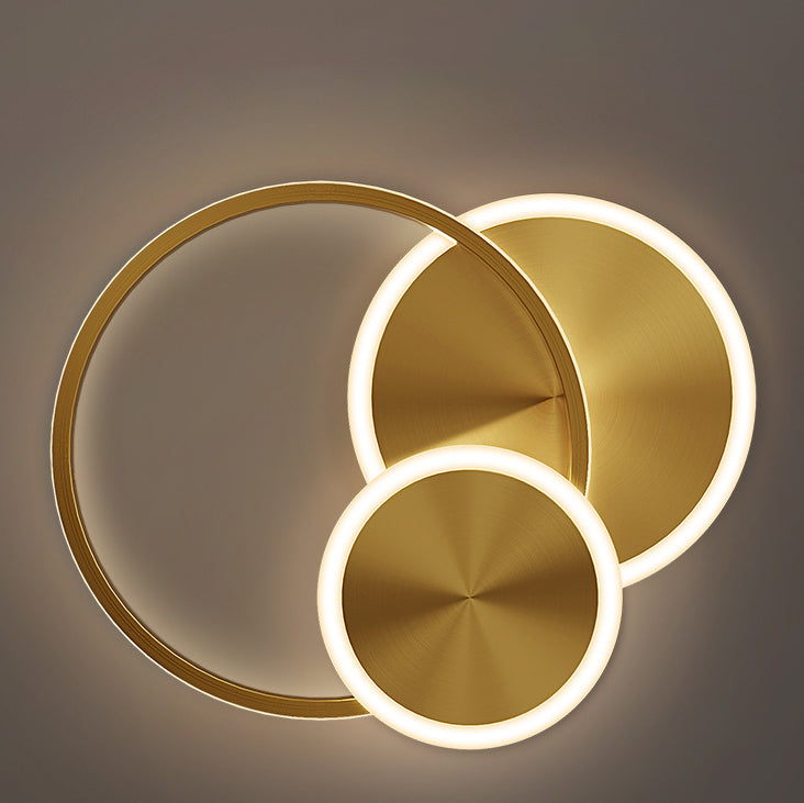 Modern Minimalist Triple Circle Full Copper Acrylic LED Flush Mount Ceiling Light for Bedroom