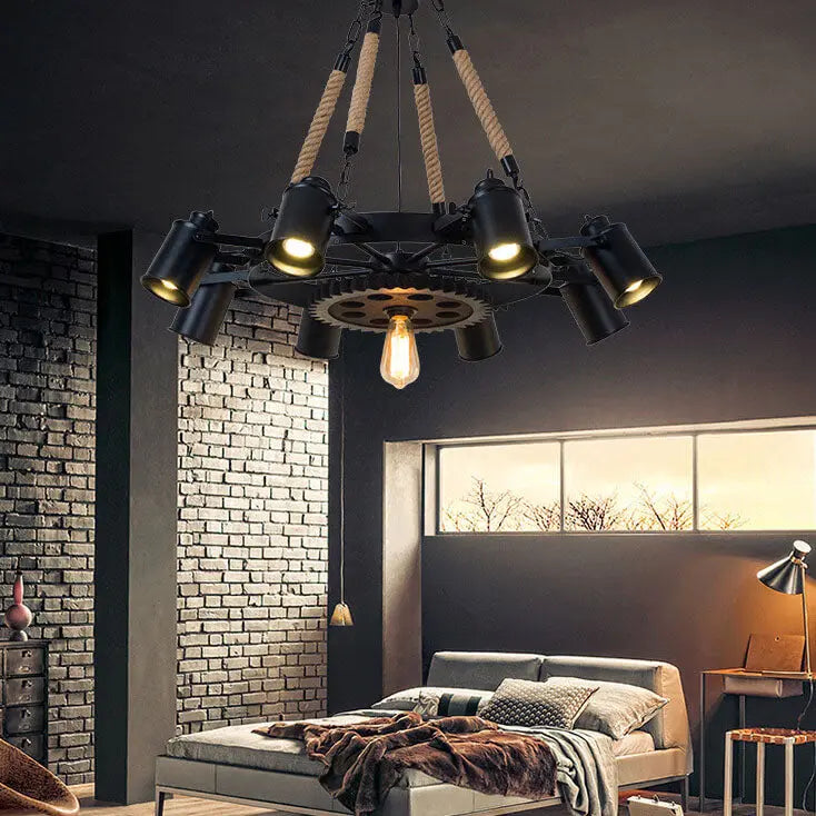 Industrial Retro Gear Wrought Ion Hemp Rope 6/8/10-light Chandelier Lumendat