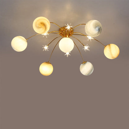 Contemporary Creative Starry Sky Moon Iron Glass 13-light Semi-flush Mount Ceiling Light for Bedroom