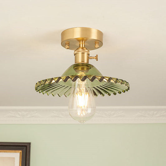 Traditional Vintage Round Ripple Brass Glass 1-light Semi-flush Mount Ceiling Light for Living Room