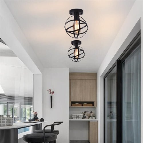 Contemporary Industrial Wrought Iron Spherical Cage 1-light Semi-flush Mount Ceiling Light for Living Room