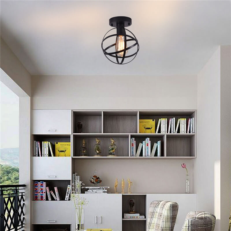 Contemporary Industrial Wrought Iron Spherical Cage 1-light Semi-flush Mount Ceiling Light for Living Room