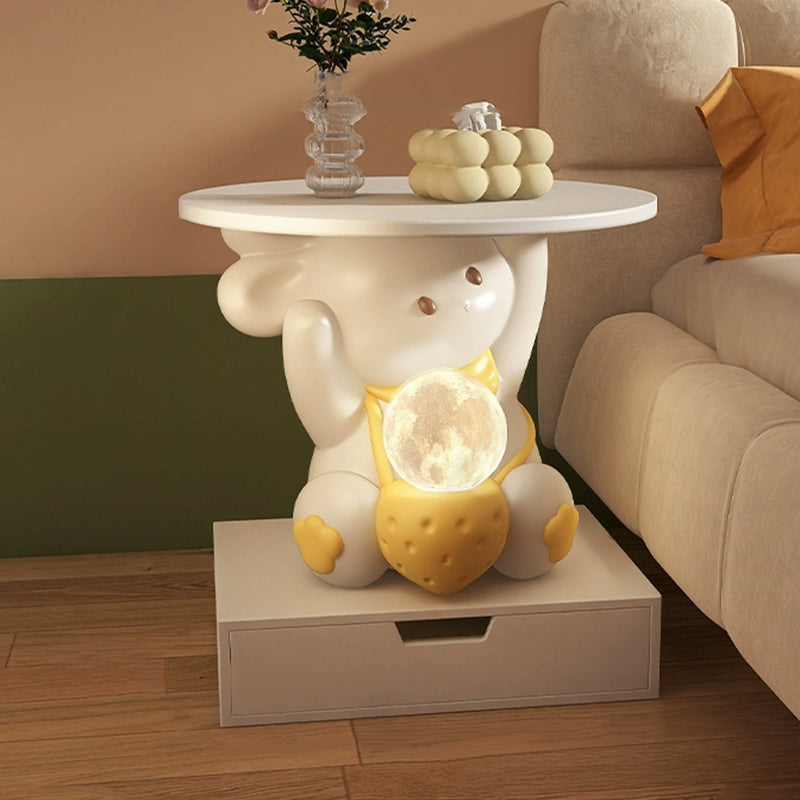 Lumendat Modern Art Deco Kids Rabbit Round Plate Rectangular Drawer Resin Wood Enamel End Table 1-Drawer With LED Light For Bedroom Lumendat