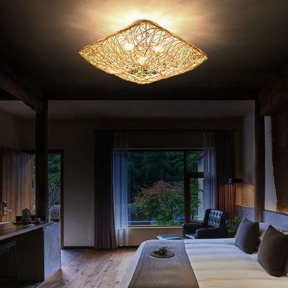 Modern Rattan Weaving Nest Square Shape 3-light Flush Mount Ceiling Light