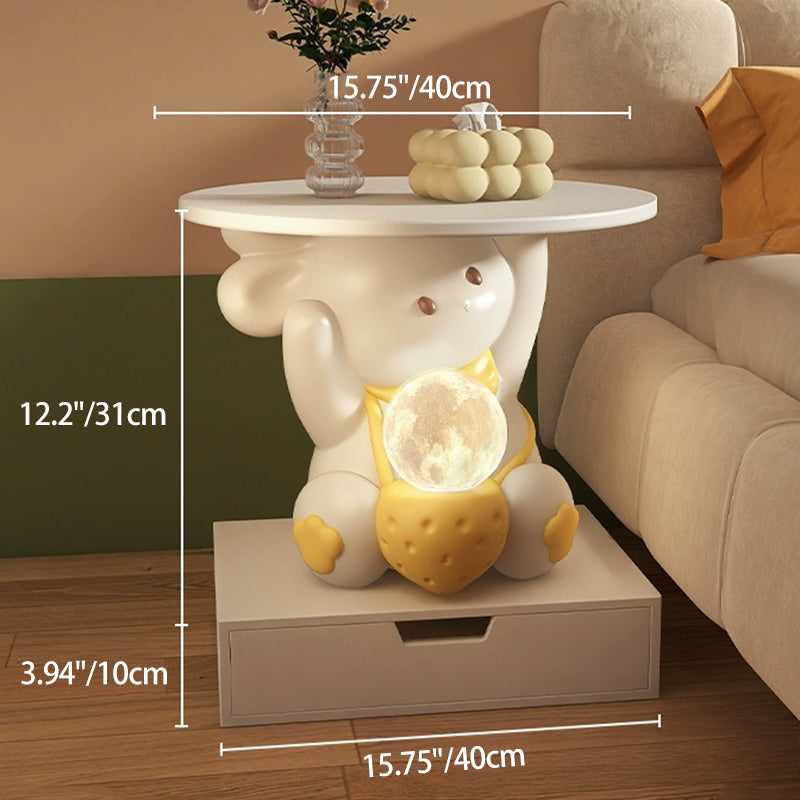 Lumendat Modern Art Deco Kids Rabbit Round Plate Rectangular Drawer Resin Wood Enamel End Table 1-Drawer With LED Light For Bedroom Lumendat