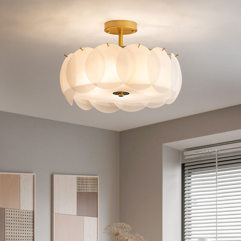 French Glass Round Drum 5/6 Light Semi-flush Mount Ceiling Light
