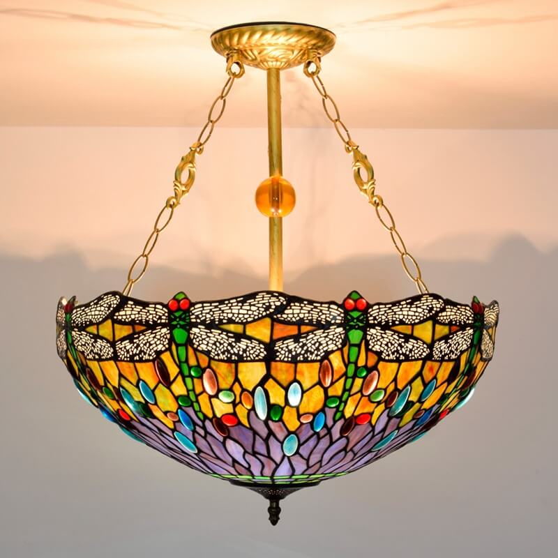 Vintage Tiffany Dragonfly Stained Glass 3-light Chandelier BulbSquare