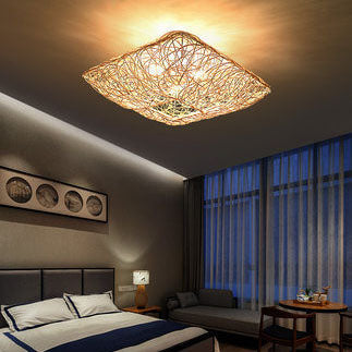 Modern Rattan Weaving Nest Square Shape 3-light Flush Mount Ceiling Light