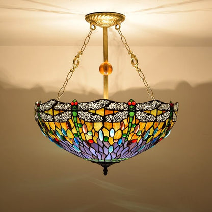 Vintage Tiffany Dragonfly Stained Glass 3-light Chandelier