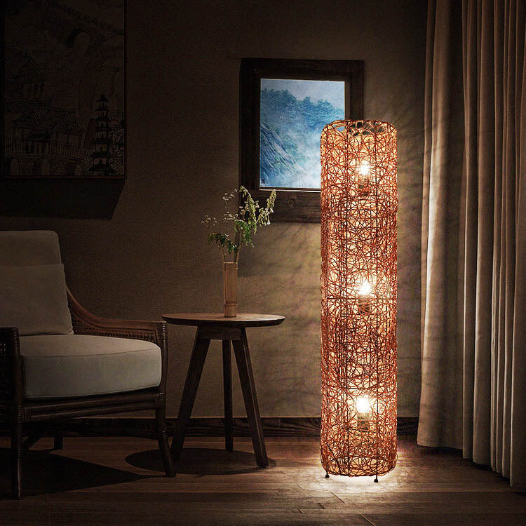 Minimalist Rattan Weaving Column Shaped 3-Light Standing Floor Lamp Lumendat