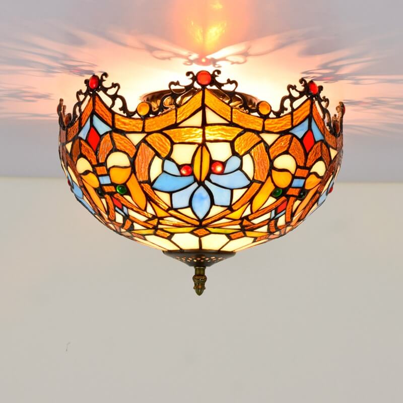 Vintage Tiffany Stained Glass Bowl Shape 2-light Flush Mount Ceiling Light
