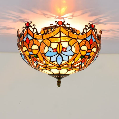 Vintage Tiffany Stained Glass Bowl Shape 2-light Flush Mount Ceiling Light