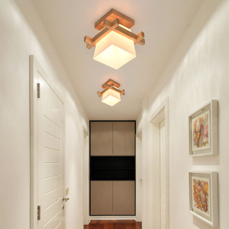 Modern Wooden Square Cube 1-light Semi-flush Mount Ceiling Light