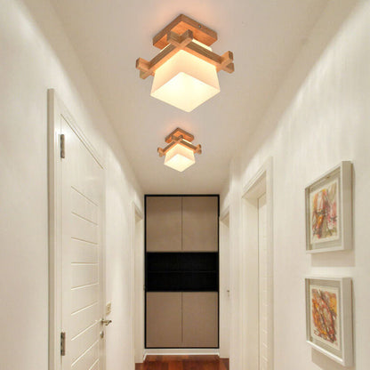 Modern Wooden Square Cube 1-light Semi-flush Mount Ceiling Light
