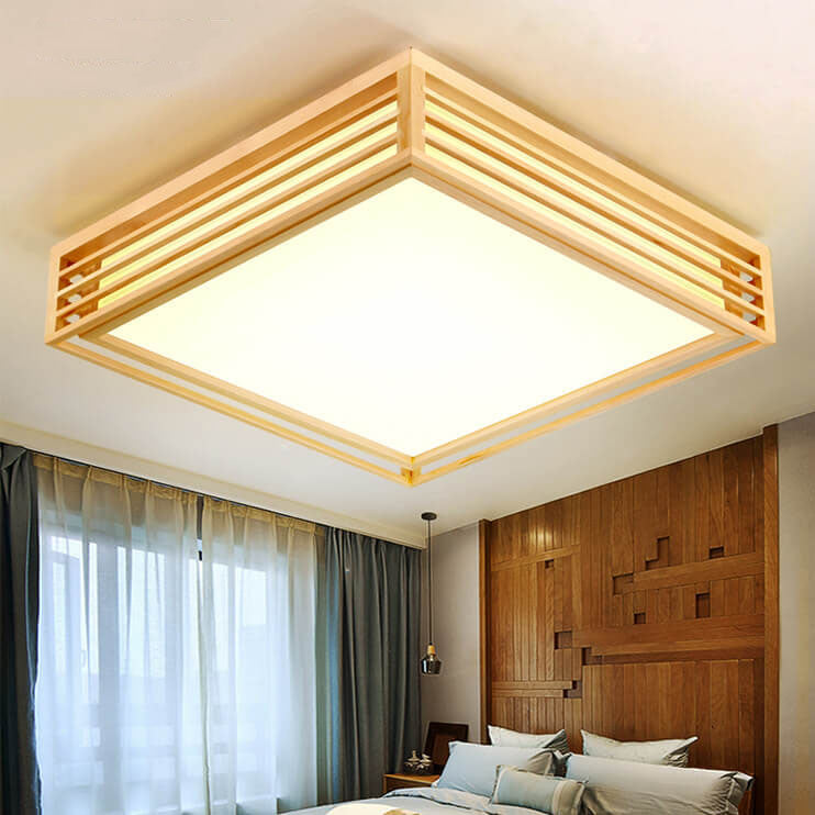 Nordic Solid Wood Square LED Japanese Tatami Flush Mount Ceiling Light BulbSquare
