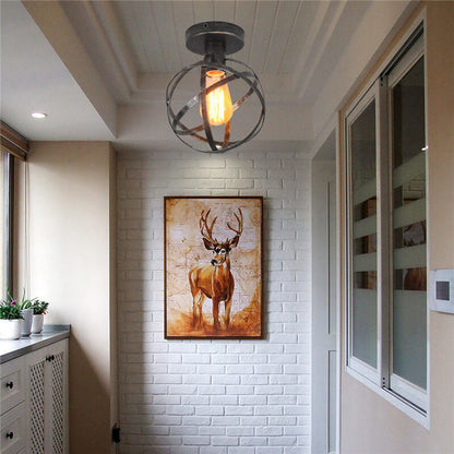Contemporary Industrial Wrought Iron Spherical Cage 1-light Semi-flush Mount Ceiling Light for Living Room