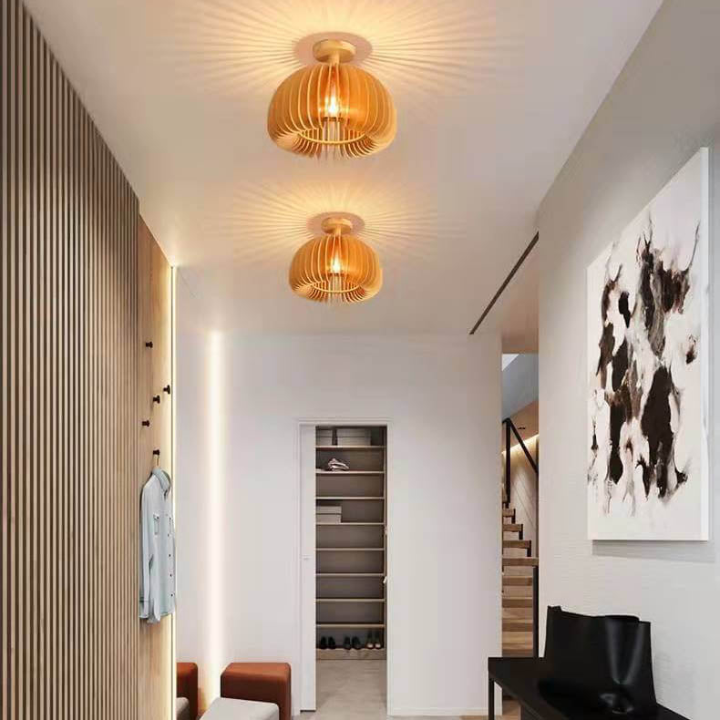 Minimalist Wooden Pumpkin 1-light LED Semi-flush Ceiling Light