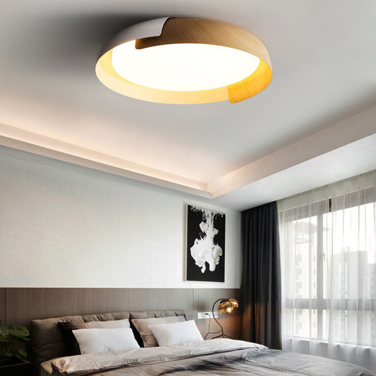 Minimalist Round Bowl Wood Grain LED Flush Mount Ceiling Light Lumendat