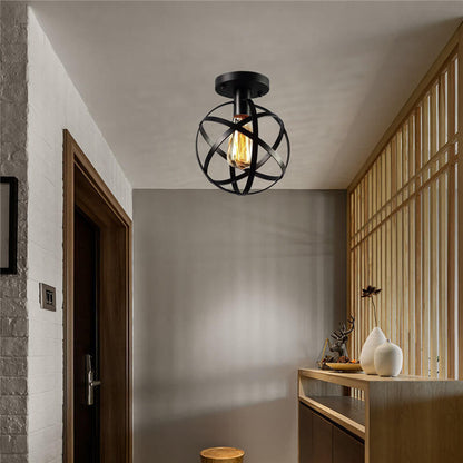 Contemporary Industrial Wrought Iron Spherical Cage 1-light Semi-flush Mount Ceiling Light for Living Room